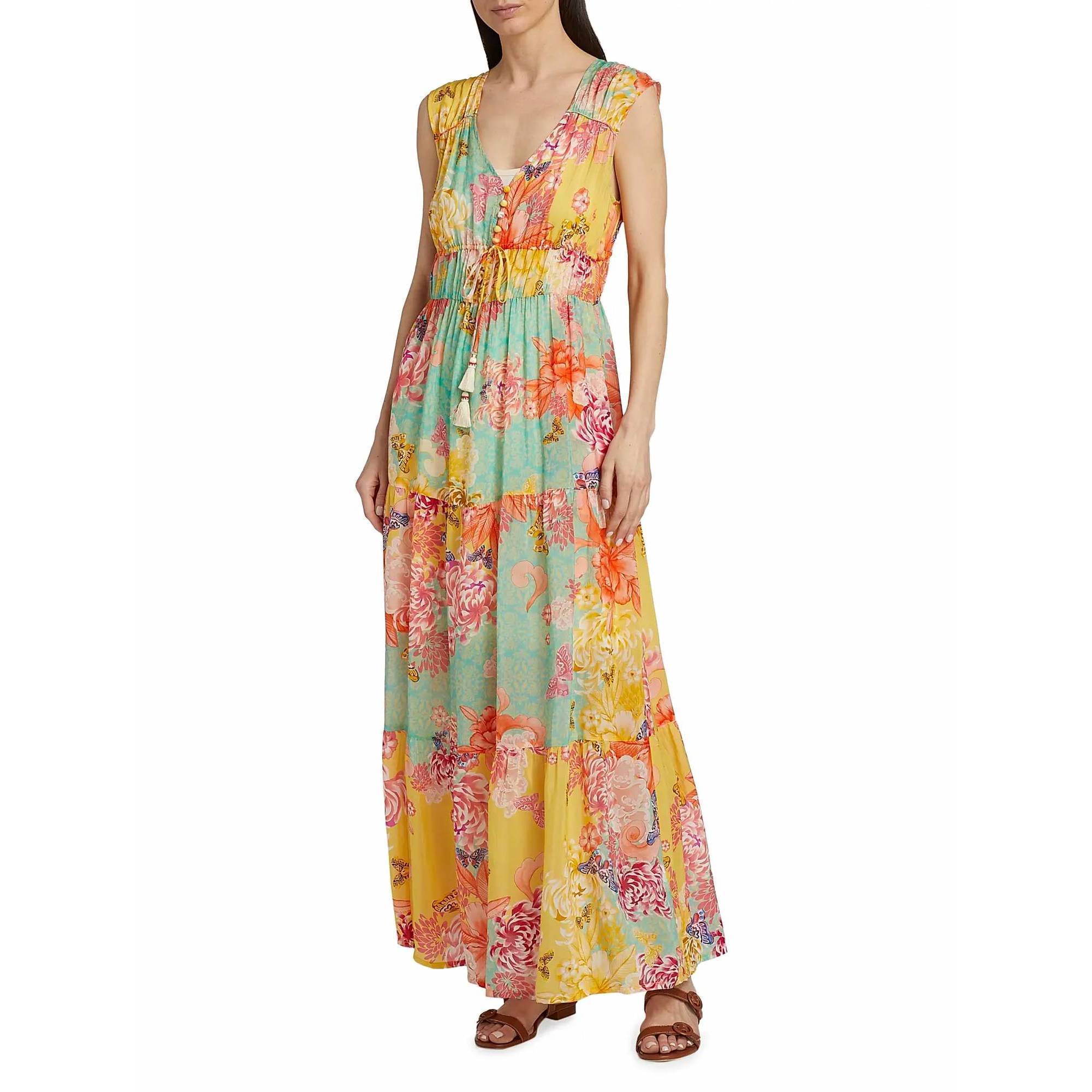 New Johnny Was Maje Tiered Maxi Dress In Yellow/Orange